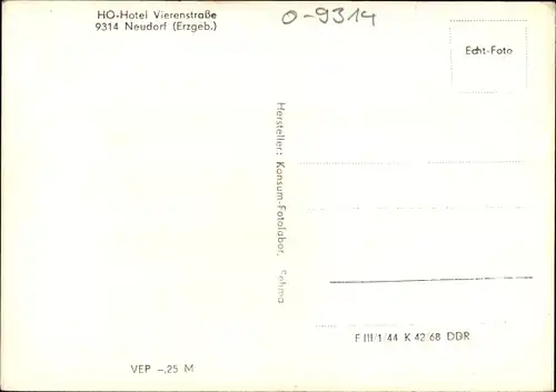 Ak Neudorf Sehmatal im Erzgebirge, HO Hotel Vierenstraße