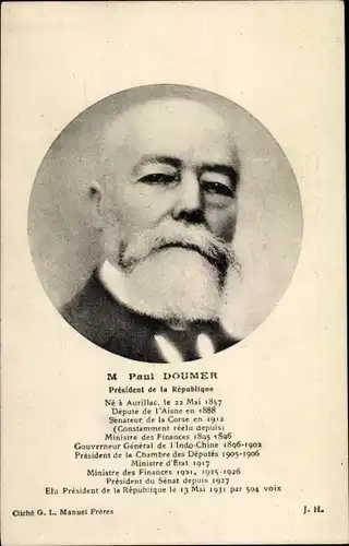 Ak Paul Doumer, President de la Republique Francaise