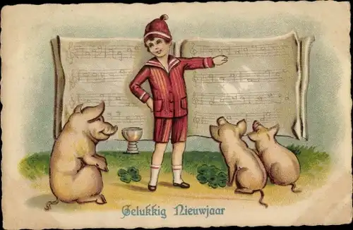 Ak Glückwunsch Neujahr, Junge mit Schweinen, Notenheft