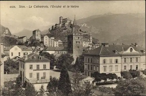 Ak Sion Sitten Kanton Wallis, La Cathédrale, l'Eveché et la Valère