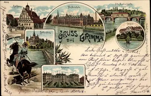 Litho Grimma in Sachsen, Rathaus, Fürstenschule, Seminar, Kaserne, Gattersburg, alte Muldenbrücke