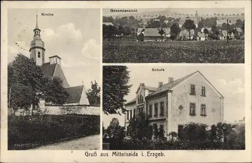 Ak Mittelsaida Großhartmannsdorf im Erzgebirge, Kirche, Gesamtansicht, Schule