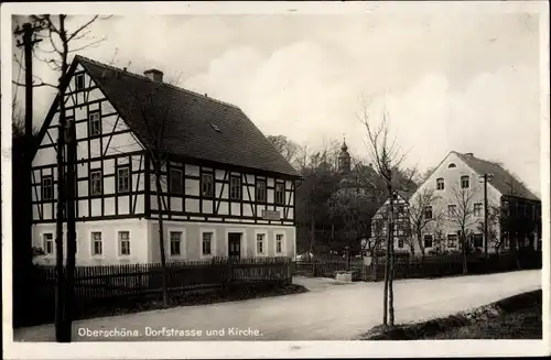 Foto Ak Oberschöna in Sachsen, Dorfstraße mit Kirche