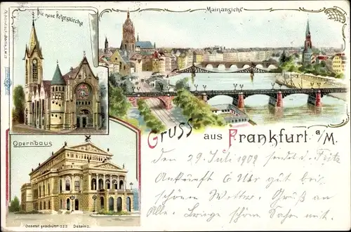 Litho Frankfurt am Main, Totalansicht, Peterskirche, Opernhaus