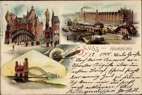 Litho Hamburg Mitte Altstadt, Freihafen Lagerhäuser, Brooks Brücke, neue Elbbrücke