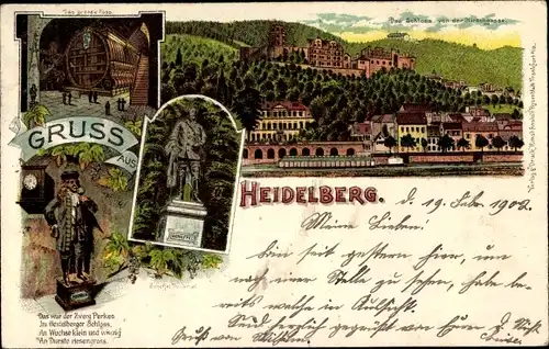 Litho Heidelberg am Neckar, Schloss von der Hirschgasse gesehen, das große Fass, Perkeo