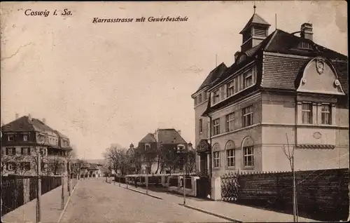 Ak Coswig in Sachsen, Karrasstraße mit Gewerbeschule