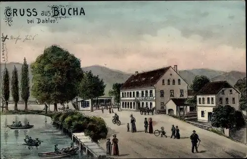 Künstler Ak  Bucha Dahlen in Sachsen, Gasthof und Teich