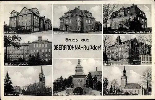 Ak Rußdorf Limbach Oberfrohna Sachsen, Rathaus, Bahnhof, Hindenburg-Schule, Lutherkirche