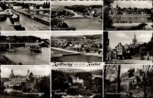 Ak Kettwig Essen im Ruhrgebiet, Ruhrbrücke, Totalansicht, Schloss Hugenpoet, Burg Oefte