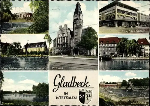 Wappen Ak Gladbeck im Ruhrgebiet, Rathaus, Ehrenmal, Kaufhaus Althoff, Jovyplatz, Schwimmbad, Park