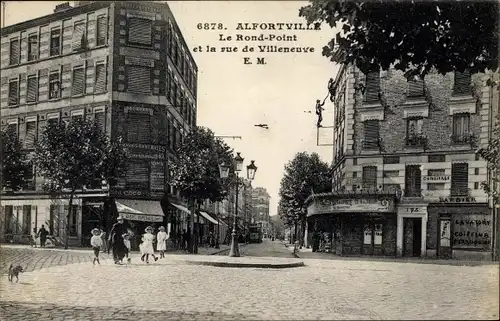 Ak Alfortville Val de Marne, Le Rond Point et la rue de Villeneuve