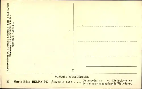 Ak Flämische Schriftstellerin Maria Elisa Belpaire, Portrait