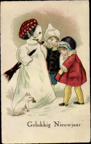Ak Glückwunsch Neujahr, Zwei Mädchen und Schneemann mit Pfeife, Glücksschweinchen