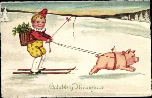 Ak Glückwunsch Neujahr, Schwein zieht Junge auf Skiern