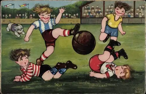 Künstler Ak Boriss, M., Kinder beim Fussballspielen, Hund, Ball, Verletzung
