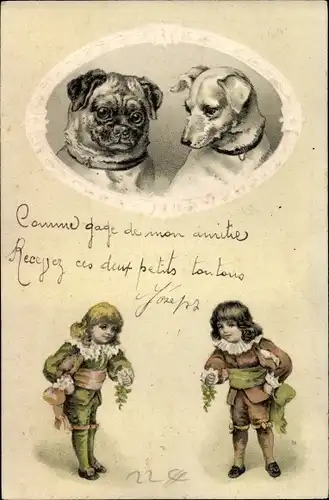 Präge Ak Zwei Jungen und Portrait zweier Hunde