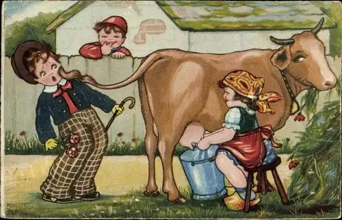 Künstler Ak Auf dem Bauernhof, Mädchen melkt Kuh