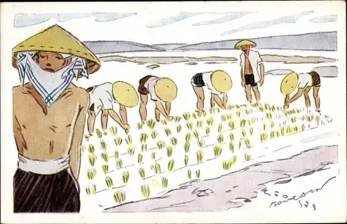 Künstler Ak Le Riz d'Indochine, Repiquage du riz, Reisbauern