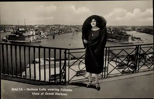 Ak Malta, Maltese Lady wearing Faldetta, View of Grand Harbour