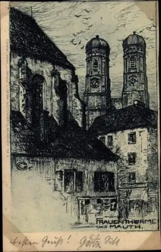 Künstler Ak München Bayern, Augustinerkirche, Mauth, Frauentürme