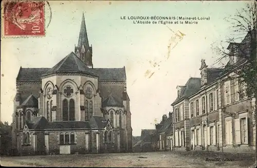 Ak Le Louroux Béconnais Maine et Loire, L'Abside et l'Eglise et la Mairie