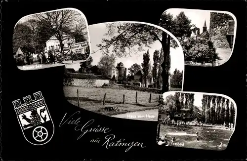 Wappen Ak Ratingen Nordrhein Westfalen, Blauer See, Dicker Turm, Haus zum Haus, Freibad