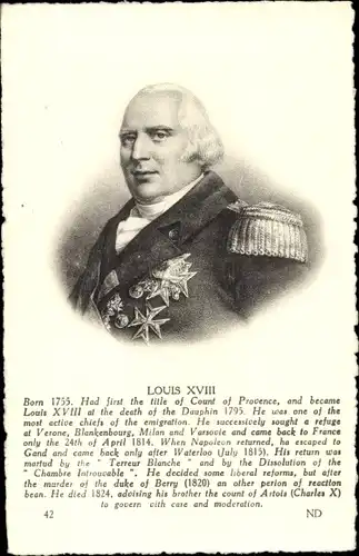 Künstler Ak König Ludwig  XVIII von Frankreich, Louis XVIII, Portrait
