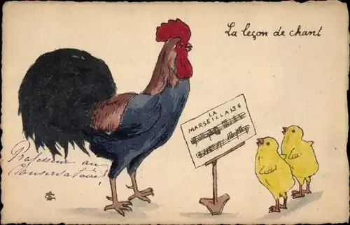 Ak Glückwunsch Ostern, La Lecon de chant, Küken singen La Marseillaise