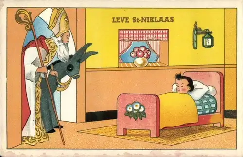 Ak Glückwunsch, Sankt Nikolaus ist da, Kind im Bett, Geschenke