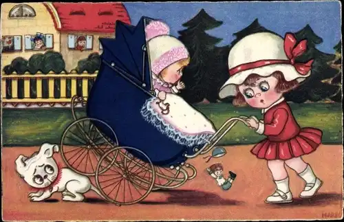 Künstler Ak Boriss, M., Mädchen mit Kind, Kinderwagen, Puppe, Hund, Amag 0277