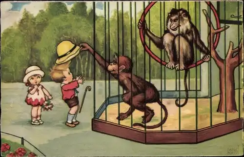 Künstler Ak Boriss, M., Kinder im Zoo, Affe hat einen Hut gestohlen, Amag 0305