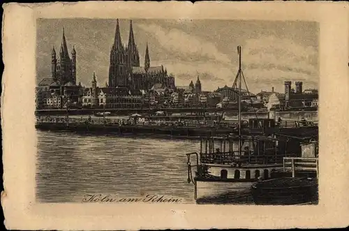 Künstler Ak Köln am Rhein, Dom, Schiffbrücke, Groß St Martin