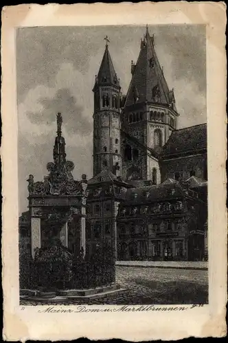 Künstler Ak Mainz am Rhein, Dom, Marktbrunnen