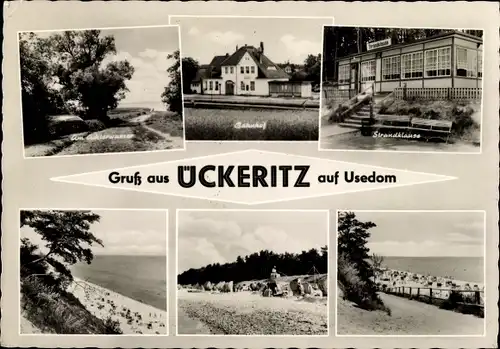 Ak Ostseebad Ückeritz auf Usedom, Bahnhof, Strandklause, Strand, am Achterwasser