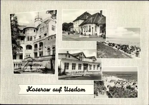Ak Ostseebad Koserow auf Usedom, FDGB Erholungsheime Walter Ulbricht und Deutsches Haus, Strand