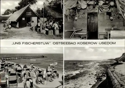 Ak Damerow Koserow an der Ostsee, Uns Fischerstuw, Strand, Streckelbergmauer