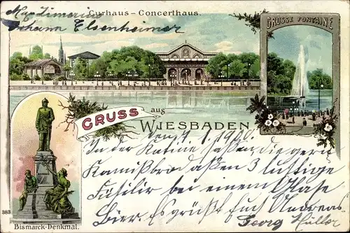 Litho Wiesbaden in Hessen, Kurhaus, Konzerthaus, Große Fontaine, Bismarck Denkmal