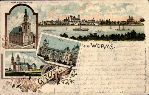 Litho Worms am Rhein, Dreifaltigkeitskirche, Dom, Liebfrauenkirche, Panorama