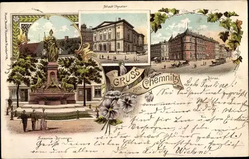 Litho Chemnitz in Sachsen, Saxoniabrunnen, Stadttheater, Börse