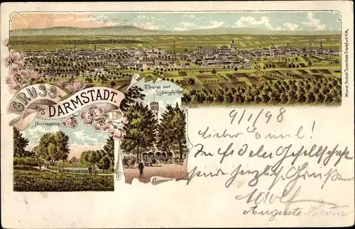 Litho Darmstadt in Hessen, Herrengarten, Turm Ludwighöhe, Panorama