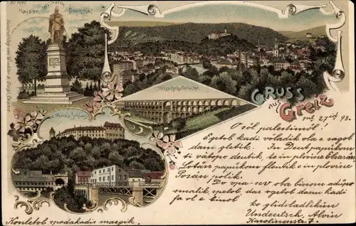 Litho Greiz im Vogtland, Kaiser-Wilhelm-Denkmal, Göltzschthalbrücke, Oberes Schloss