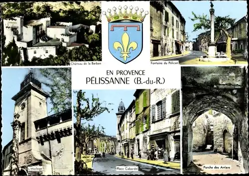 Ak Pélissanne Bouches du Rhône, Chateau de la Barben, Fontaine du Pelican, Horloge, Place Cabardel