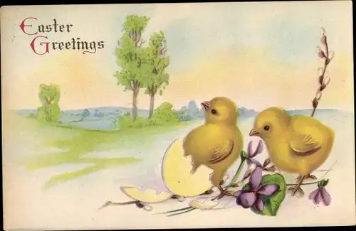 Ak Glückwunsch Ostern, Küken schlüpft aus Eierschale, Veilchen