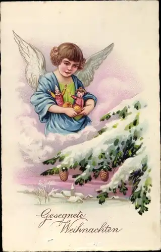 Ak Frohe Weihnachten, Engel mit Geschenken