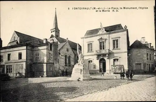 Ak Fontevrault Maine-et-Loire, La Place, Monument, Eglise, Mairie