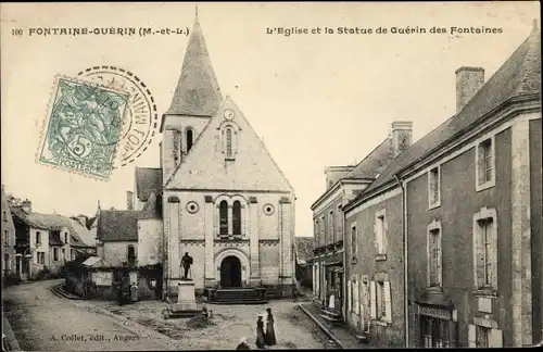 Ak Fontaine Guerin Maine et Loire, Eglise, Statue de Guerin des Fontaines