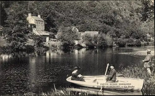 Ak Thury Harcourt Calvados, La Roche, Ruderboot, Angler