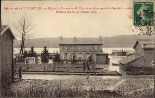 Ak Luzancy Seine et Marne, Briqueterie, La Maison de M. Chalamon, Inondations 1910