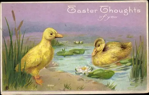 Präge Ak Glückwunsch Ostern, Entenküken am Teichufer